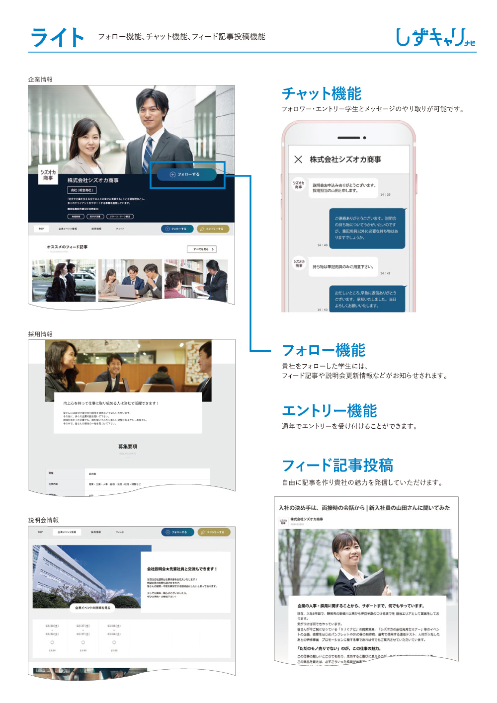 ライト フォロー機能、チャット機能、フィード記事投稿機能を追加 チャット機能 フォロワー・エントリー学生とメッセージのやり取りが可能です。 フォロー機能 貴社をフォローした学生には、フィード記事更新情報などがお知らせされます。エントリー機能 フィード記事投稿 自由に記事を作り貴社の魅力を発信していただけます。